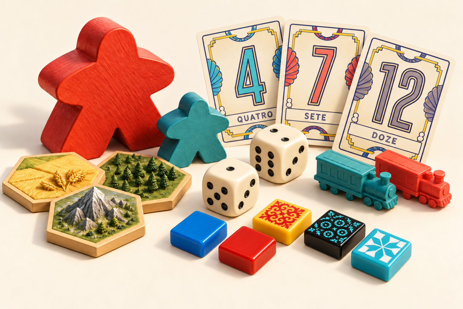 Meeples, cartas, dados, azulejos e trens sobre uma mesa